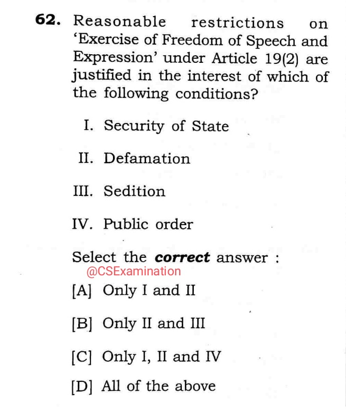 𝗝𝗣𝗦𝗖-𝗣𝗖𝗦 𝗣𝗿𝗲𝗹𝗶𝗺𝘀 𝗘𝘅𝗮𝗺 - 2024

Topic:  Polity / Fundamental Rights / Article 19

Comment your answer !

#UPSCPrelims2024 #UPSC #uppsc #roaro #mppsc #ukpsc #HPSC #JPSC
