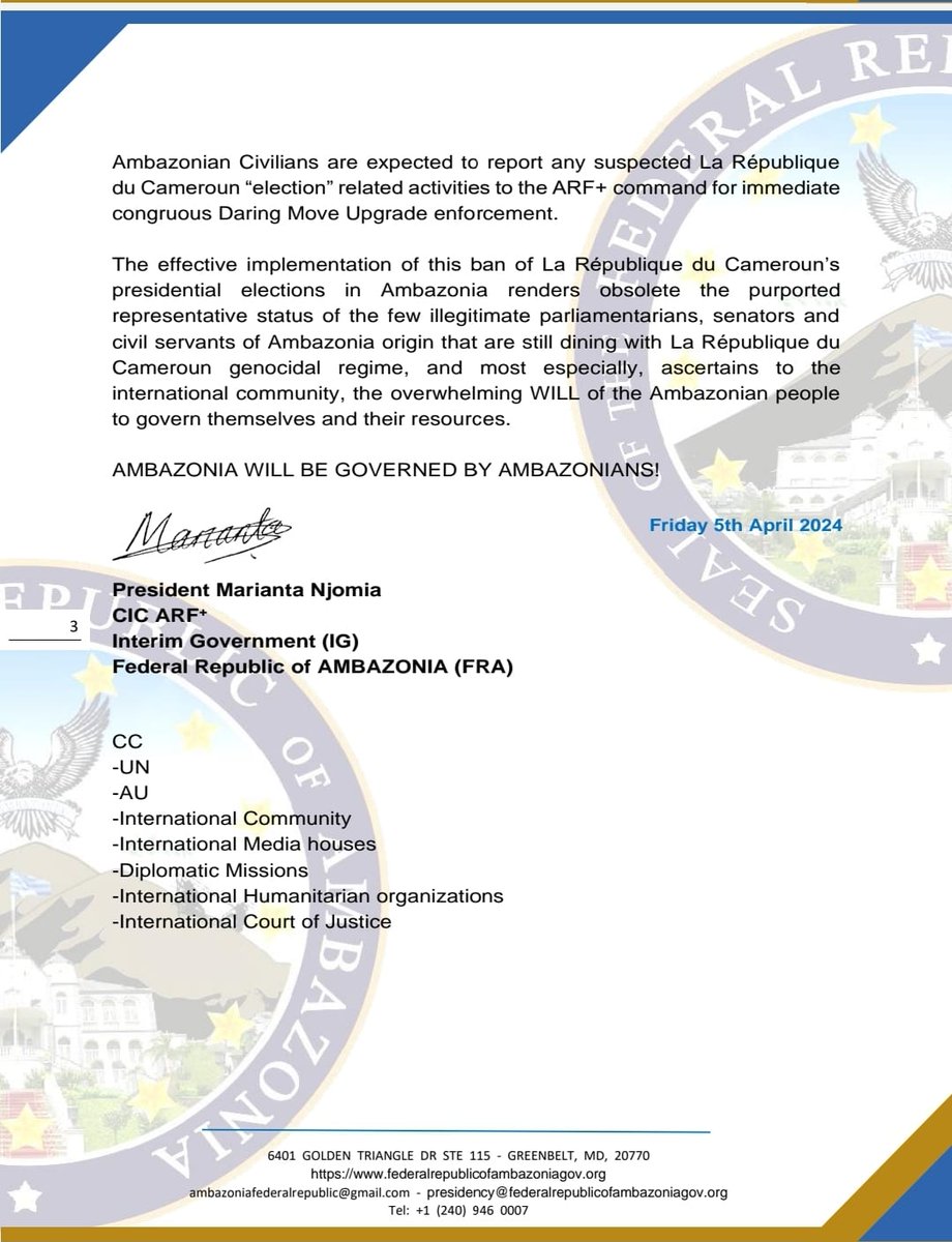The Presidential Executive Order FRA03/05042024: TOTAL REJECTION AND BAN OF CAMEROUN'S  2025 PRESIDENTIAL ELECTION ACTIVITIES IN AMBAZONIA. @antonioguterres @Pontifex @CapitaineIb226 @hrw #GenocideByCameroun #Annexation #freedomfighters