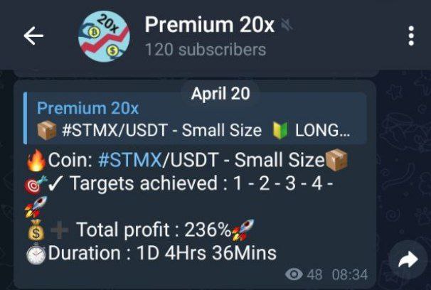 #premium_20X 
🔥Coin: #STMX/USDT - Small Size📦
🎯✓ Targets achieved : 1 - 2 - 3 - 4 -  🚀
💰➕ Total profit : 236%🚀 
⏱️Duration : 1D 4Hrs 36Mins

t.me/Expert_Traders…