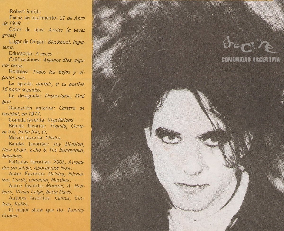 Happy Birthday Robert Smith!
En el dia de su cumpleaños te dejamos el perfil de este gran musico!
Revista Musica Total (1986, Argentina)

#thecure #morrissey #robertsmith #depechemode #thesmiths #depechemode #dark #sodastereo #recitalesenargentina #happybirthday #felizcumpleaños