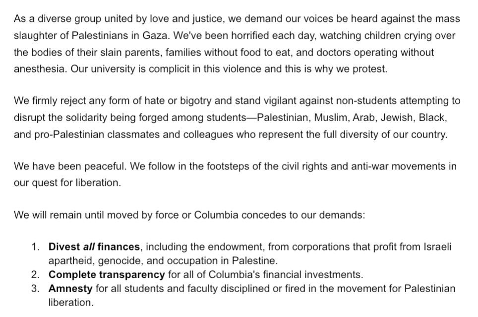PRESS RELEASE: 
We are frustrated by media distractions focusing on inflammatory individuals who do not represent us. 
We firmly reject any form of hate or bigotry and stand against non students attempting to disrupt our solidarity. #cu4palestine