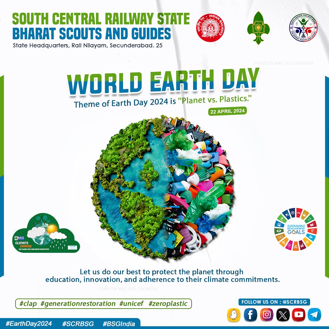 World Earth Day🌍
Say No To Plastic🚯

#clap #climateleadersactionplan #generationrestoration #unicef #sdg #sustainabledevelopmentgoals #zeroplastic #scrbsg #bsgindia 

@SCRailwayIndia @bsgnhq @UNICEFIndia @UNICEF @gmscrailway @arunjainir @TDGSRAO