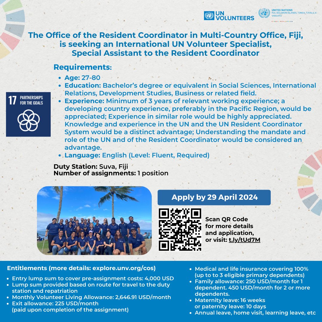 🎓Bachelor's degree in Social Sciences, International Relations/Development Studies? 💼Experience of working in the Pacific Region? Apply to join @UNinFiji as an international #UNVolunteer, Special Assistant to the Resident Coordinator. 🔗t.ly/tUd7M 🗓29/4/2024