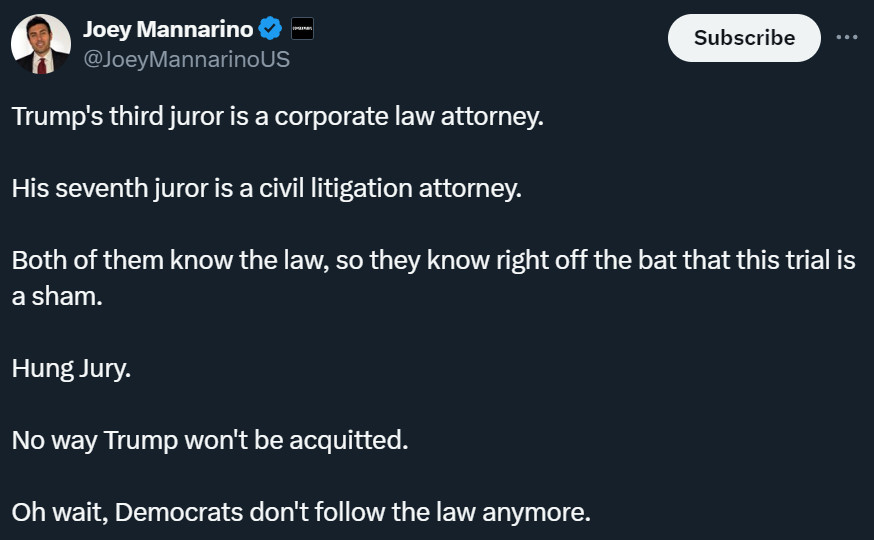 This person, who seems to think that 'hung jury' and 'acquitted' mean the same thing, is voting in November.