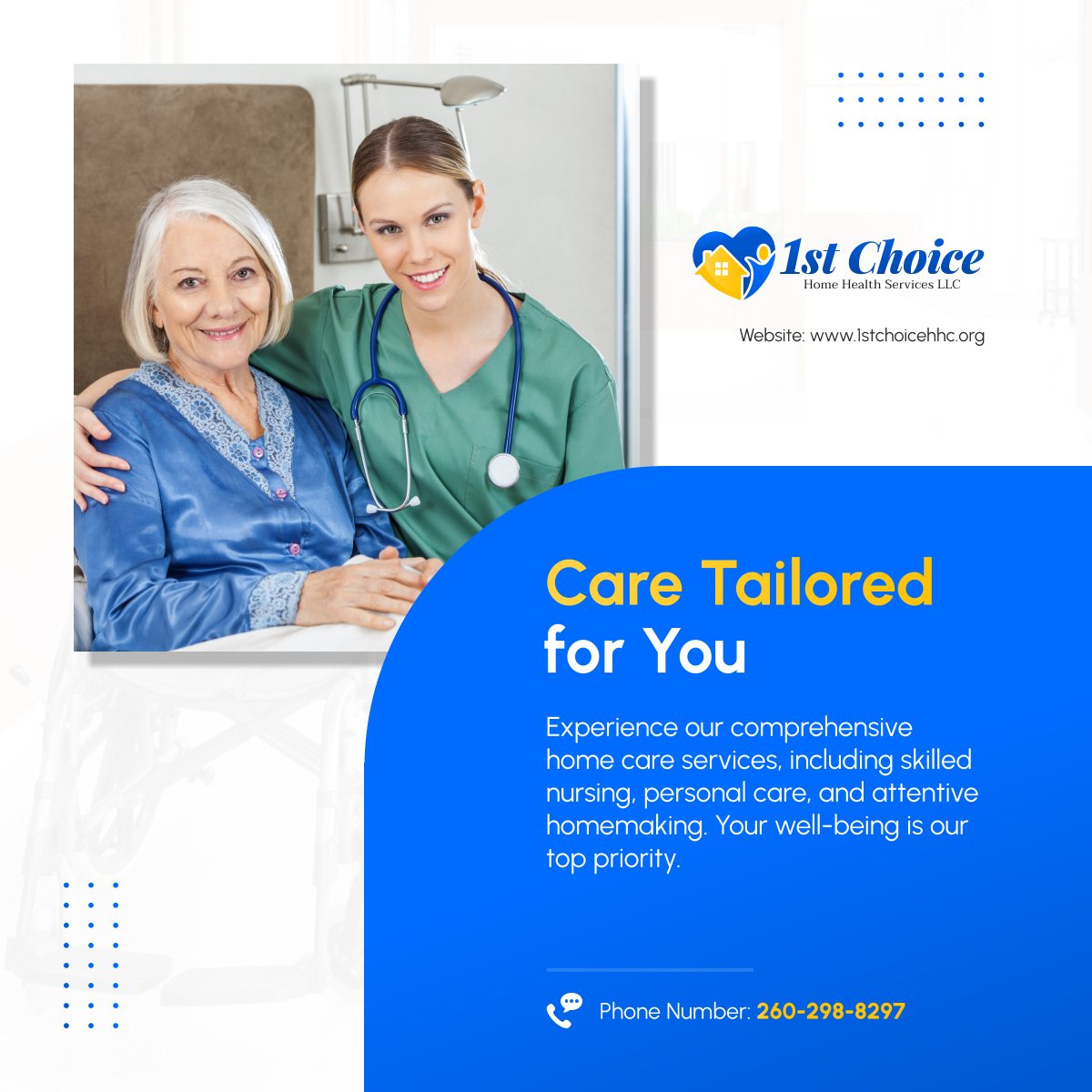 Discover the difference in care with 1st Choice Home Health Services LLC. Tailored services for your unique needs. 

#FortWayneIN #HomeHealthCare #PersonalizedCare #CompassionateSupport #Caregiver