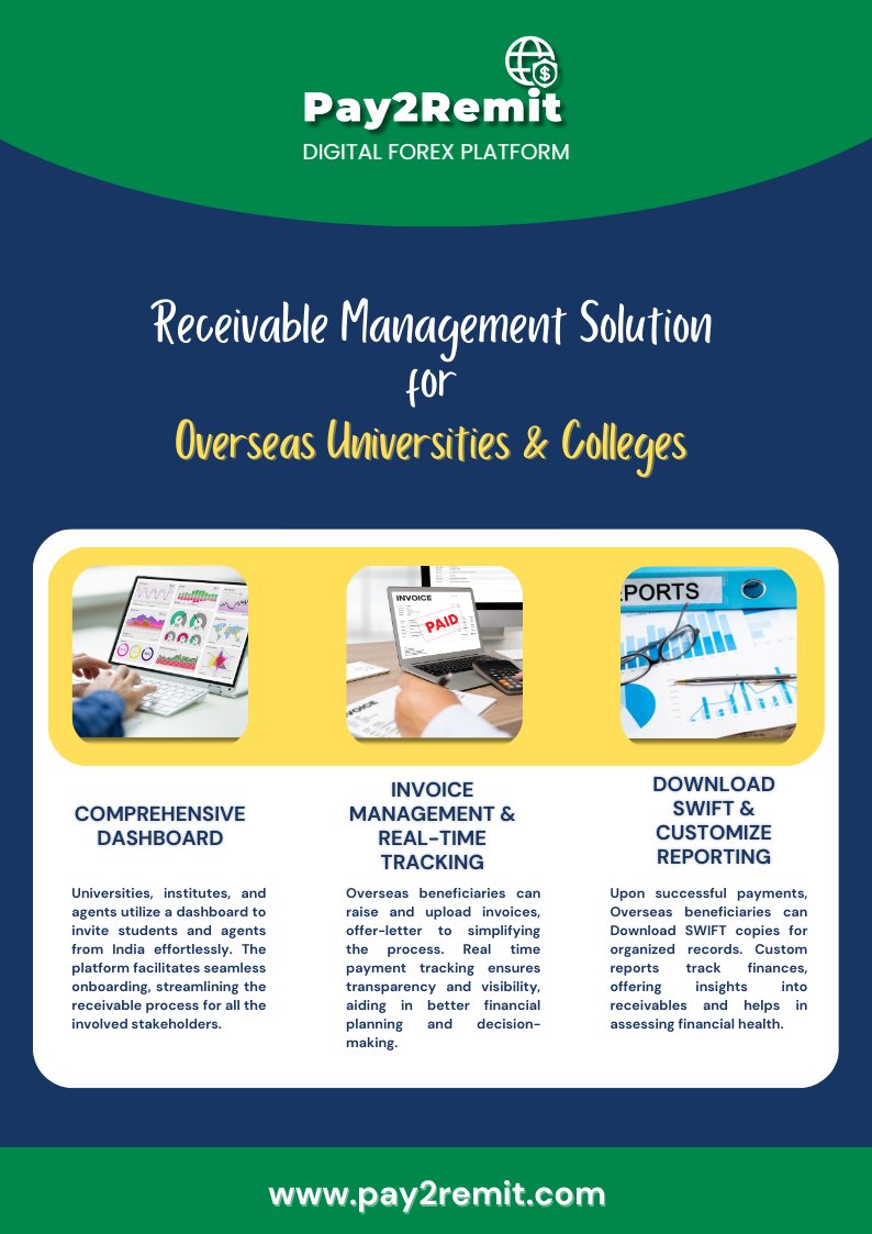 Pay2Remit's tweet photo. Pay2Remit: Revolutionizing Receivable Management for Overseas Universities and Colleges
Pay2Remit offers a comprehensive dashboard for universities, institutes, and agents to streamline the receivable process.
Discover the benefits today!
#Pay2Remit #ReceivableManagement https://t.co/S2nzfUsHBI