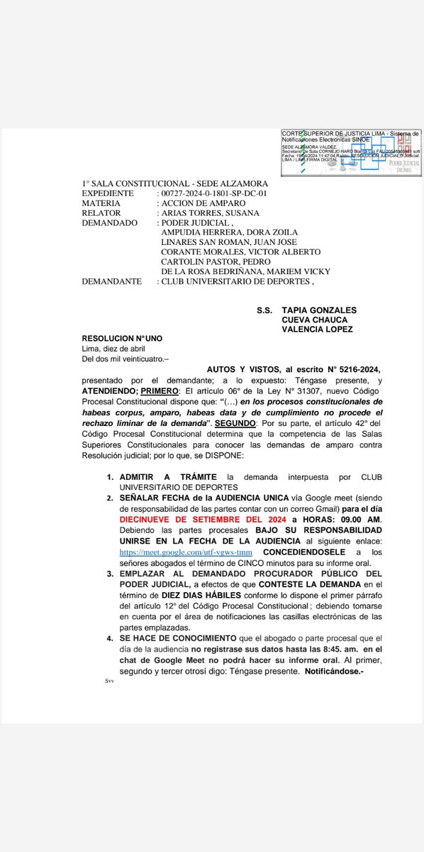 NOTA 1. Primera Sala Constitucional admite amparo de @Universitario contra la sentencia casatoria. Se advierte transgresión del debido proceso y tutela jurisdiccional en la Sala de Derecho Constitucional y Social. Sentencia que corrió en redes sociales de lobistas antes de ser