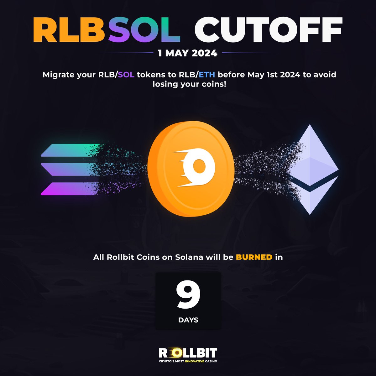 Holders with RLB on Solana have 9 more days to migrate their coins to Ethereum! You will NOT be able to migrate $RLB after May 1st. Spread the word! 🗣️ Learn more about the migration: blog.rollbit.com/rlb-eth-migrat…