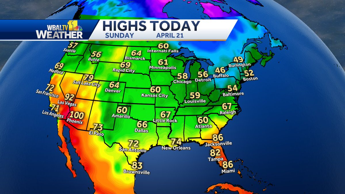 Here's a look at observed high temperatures across the Lower 48 today.