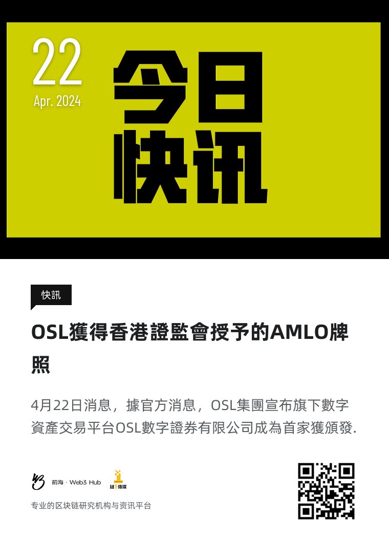 上午好，今天是2024年4月22日  #钱海遨游上山修DAO，#前海Web3hub 链1传媒为你带来行业最新资讯，以下是今天的快讯：OSL獲得香港證監會授予的AMLO牌照  #OSL #SFC #AMLO