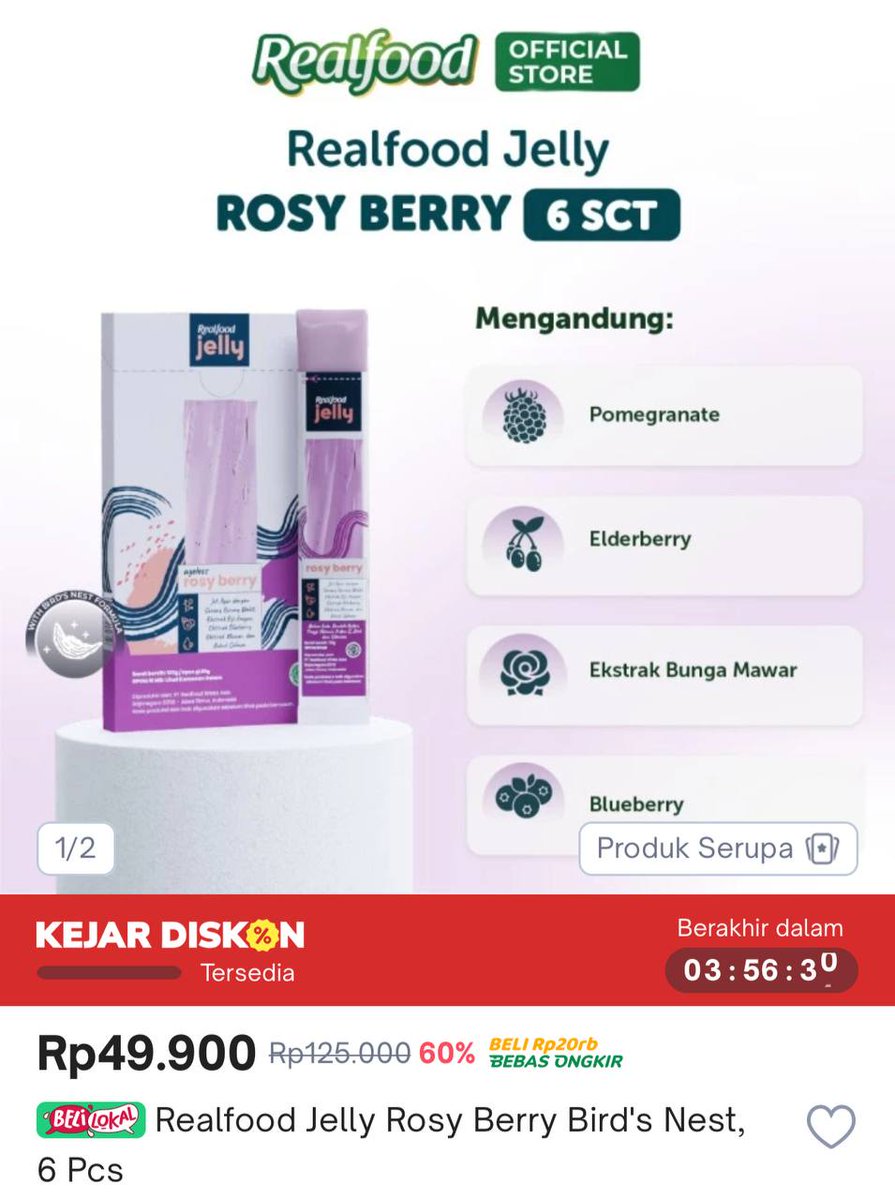 *[ TOKOPEDIA ]*
Realfood Jelly Rosy Berry Bird's Nest 
6 Pcs
racun.in/OAd35