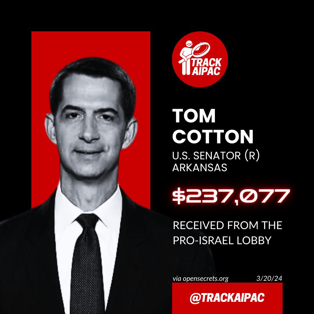 @TomCottonAR Tom Cotton is paid to spew Israeli propaganda. $237,000 and counting… #RejectAIPAC #NCSEN