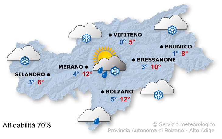 Una depressione sul Mediterraneo richiamerà masse d'aria fredda verso le Alpi.
Cielo molto nuvoloso con dei rovesci in giornata. 
Limite della neve tra 700 e 1000 m. 
Temperature massime tra 5° e 12°.
Le #previsionimeteo della @ProvinciaBZ 

#IoSeguoTgr @TgrRai