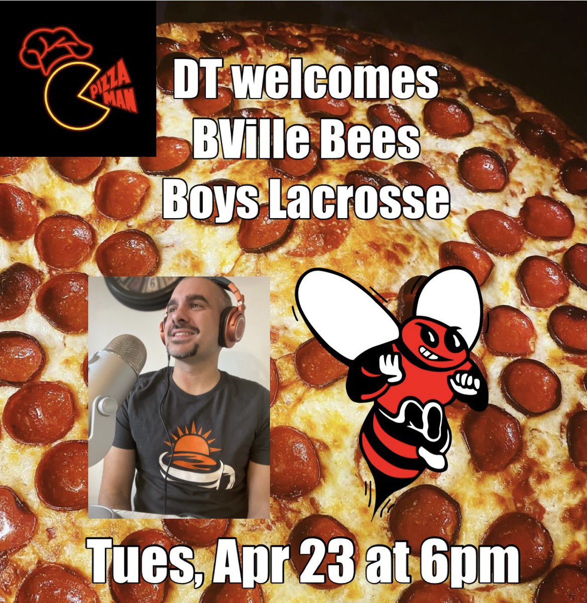 Make your way over to Pizza Man Pub on 50 Oswego St, Baldwinsville, NY, this TUES, APR 23 for 6pm as #WakeUpCall goes LIVE w/ Baldwinsville Boys Lacrosse featuring DT w/ HC Matt Wilcox & student-athletes! ❤️🖤🐝🥍🍕🎙️ @Bville_Boys_Lax @BCSDBEES @Bville_Bees