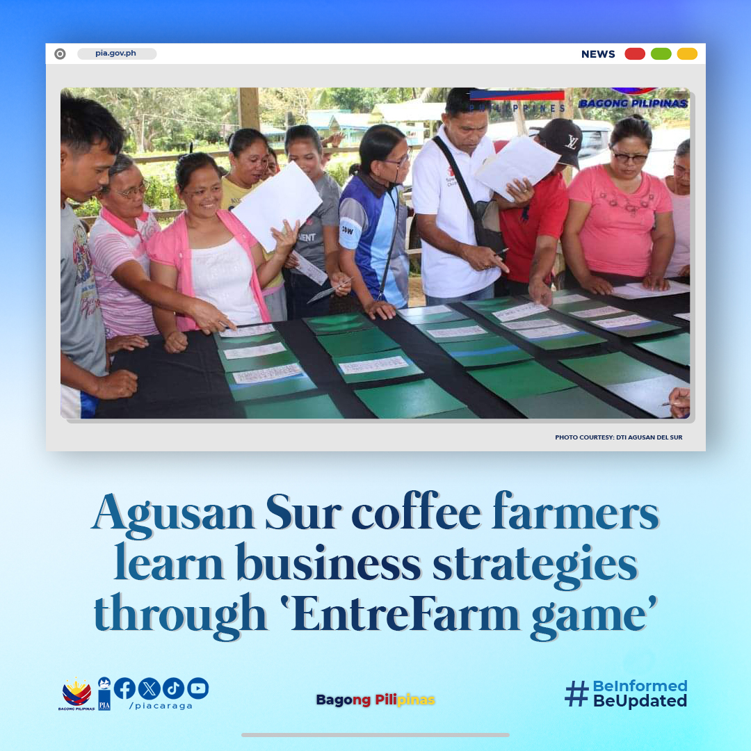 NEWS | Agusan Sur coffee farmers learn business strategies through ‘EntreFarm game’

Full story here: surl.li/svatp

#PIACaraga
#BeInformed
#BeUpdated
#BagongPilipinas