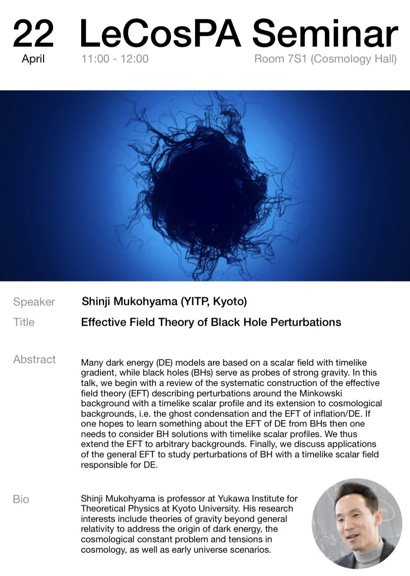 Today we are happy to welcome Shinji Mukohyama from YITP, Kyoto