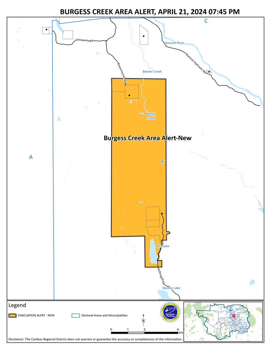 #CaribooRD issued an Evacuation Alert for the Burgess Creek Area. Online Map: cariboord.ca/EOCorderalerts Visit www.cariboord.cafor more information. #CaribooFires #BCWildfire @BCGovFireInfo @EmergencyInfoBC