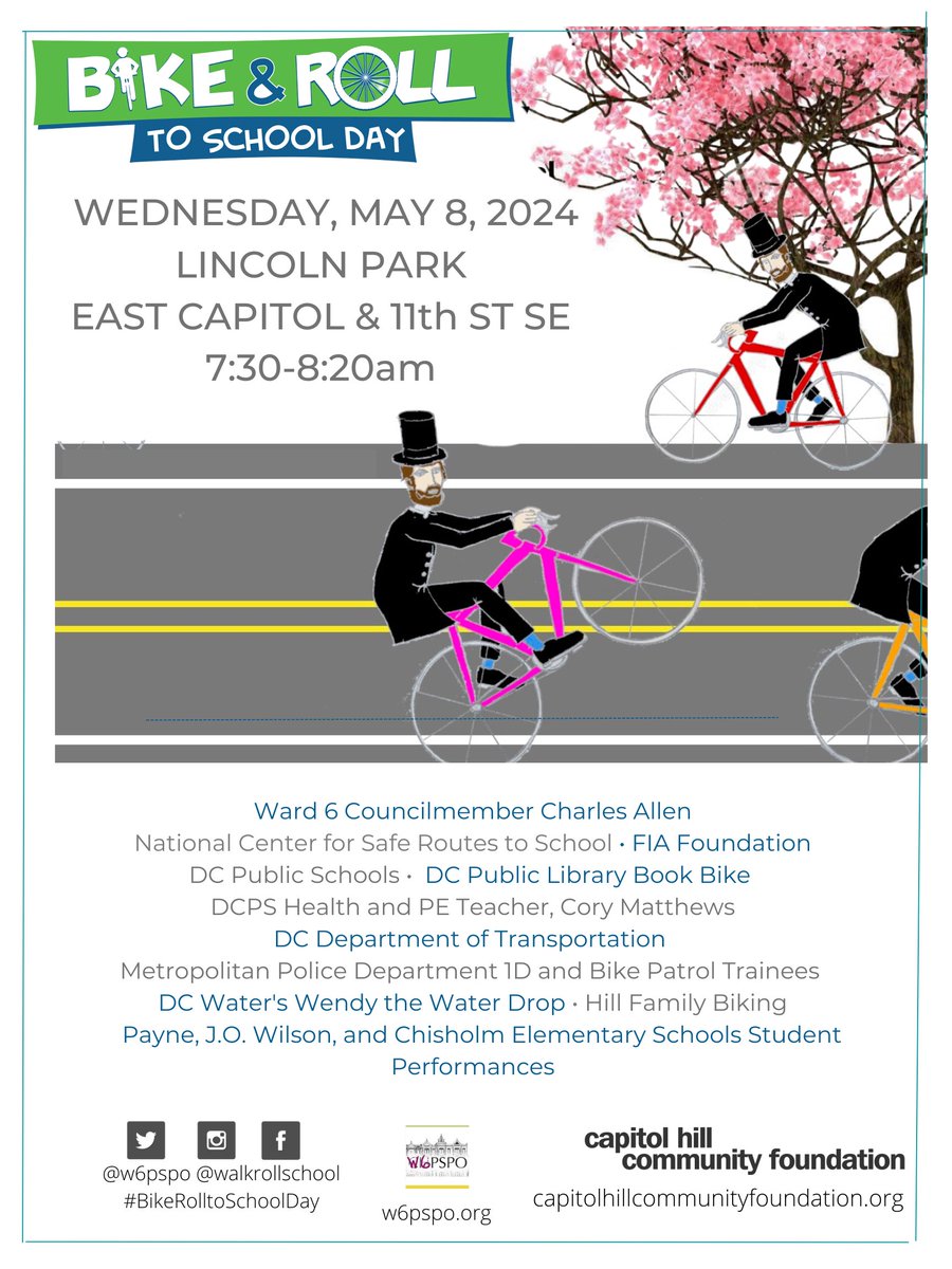 Ward 6 Public Schools Parent Organization (@w6pspo) on Twitter photo #BikeandRolltoSchoolDay is May 8 - register your school, get the word out, and join us at Lincoln Park, 7:30-8:20am!
<a href="/charlesallen/">Charles Allen</a> <a href="/dcpl/">DC Public Library</a> <a href="/DDOTDC/">DDOT DC</a> <a href="/SWSatgoding/">School Within School Parents</a> <a href="/DCPoliceDept/">DC Police Department</a> <a href="/dcpublicschools/">DC Public Schools</a> <a href="/walkrollschool/">Walk, Bike & Roll to School</a> <a href="/FIAFdn/">FIA Foundation</a> <a href="/hsrcinfo/">UNC HSRC</a> <a href="/CapHillFound/">CHCF</a> #BikeandRolltoSchoolDay is May 8 - register your school, get the word out, and join us at Lincoln Park, 7:30-8:20am!
<a href="/charlesallen/">Charles Allen</a> <a href="/dcpl/">DC Public Library</a> <a href="/DDOTDC/">DDOT DC</a> <a href="/SWSatgoding/">School Within School Parents</a> <a href="/DCPoliceDept/">DC Police Department</a> <a href="/dcpublicschools/">DC Public Schools</a> <a href="/walkrollschool/">Walk, Bike & Roll to School</a> <a href="/FIAFdn/">FIA Foundation</a> <a href="/hsrcinfo/">UNC HSRC</a> <a href="/CapHillFound/">CHCF</a>