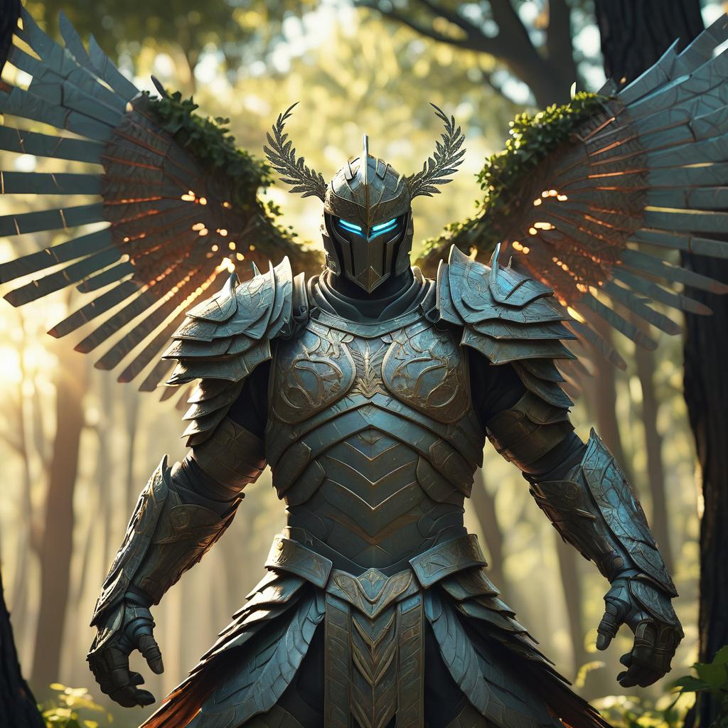 Prompt : armored warrior with radiant, arboreal wingspan, intricate , cinematic style . made by Gencraft AI