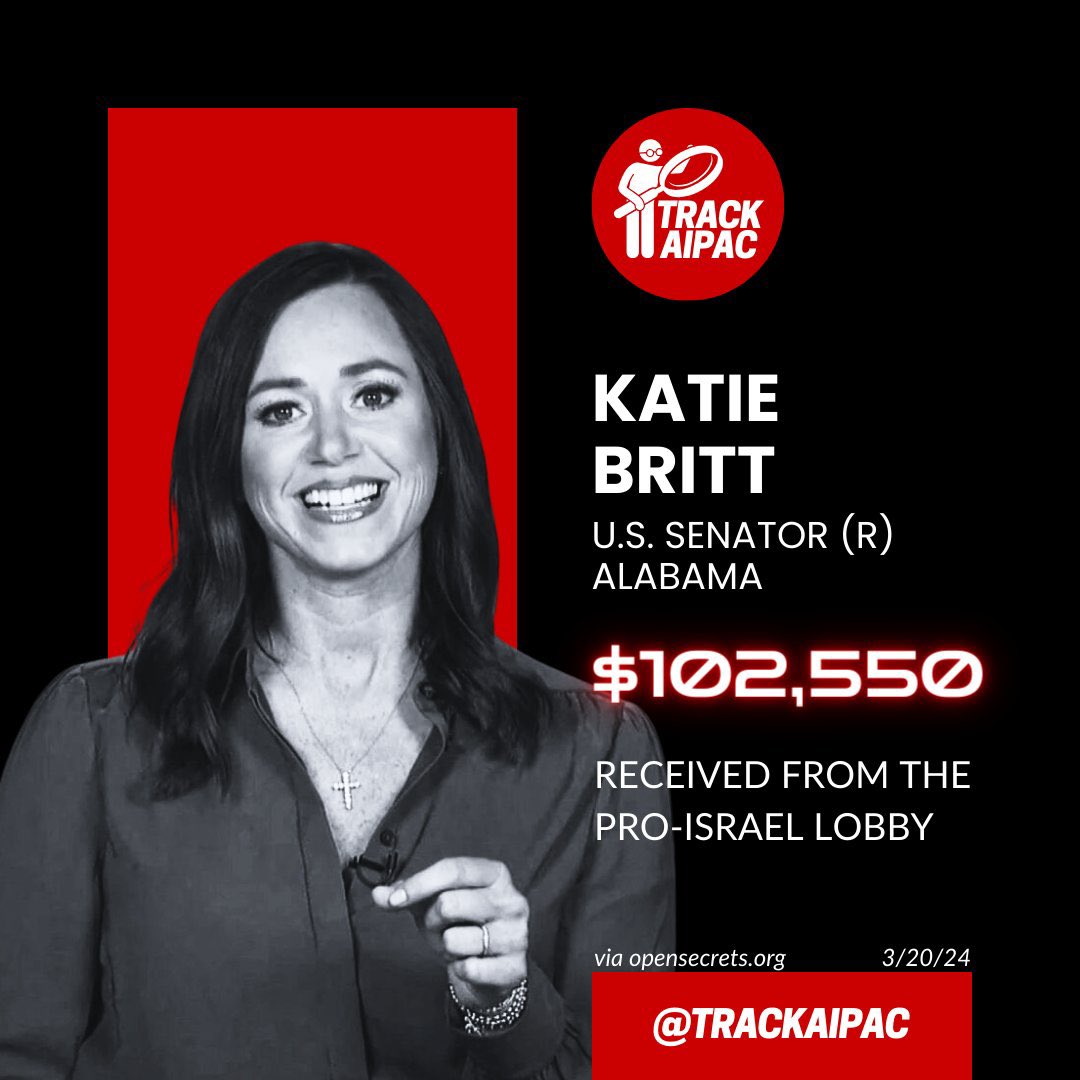 @SenKatieBritt This shouldn’t be complicated—

1) Senators that are funded by foreign entities should be ejected from Congress (ex: Katie Britt has already collected more than $100,000 from the Israel lobby since elected in 2022).

2) #RejectAIPAC