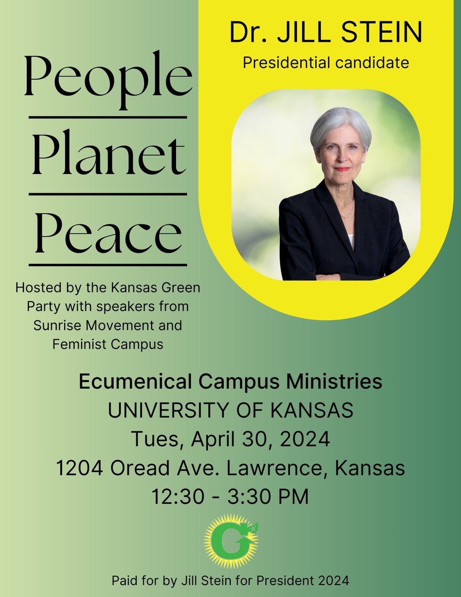 Join Jill Stein, the Sunrise Movement, Feminist Campus, and the Kansas Green Party for a panel discussion on the generational wealth gap, the Green New Deal, and more at the ECM on April 30th at 12:30pm! fb.me/e/3FJBJTNNr
#JoinJill #AbandonBiden #VoteGreen2024