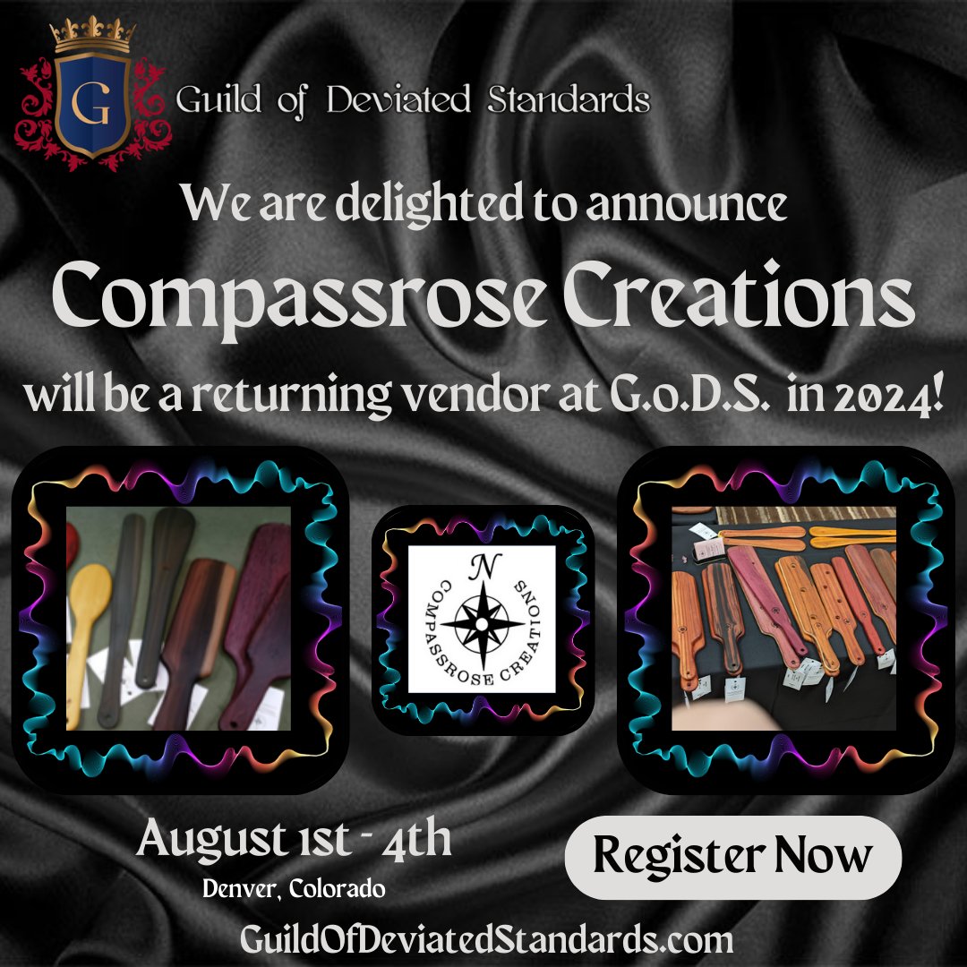 We are pleased to announce Compassrose Creations to our dynamic vendor mart this year.  Check out their amazing corsets online at compassrosecreations.com while you wait to see them at Guild of deviated Standards, August 1-4, 2023.

#bdsmdenver #bdsmevents #kinkcommunity