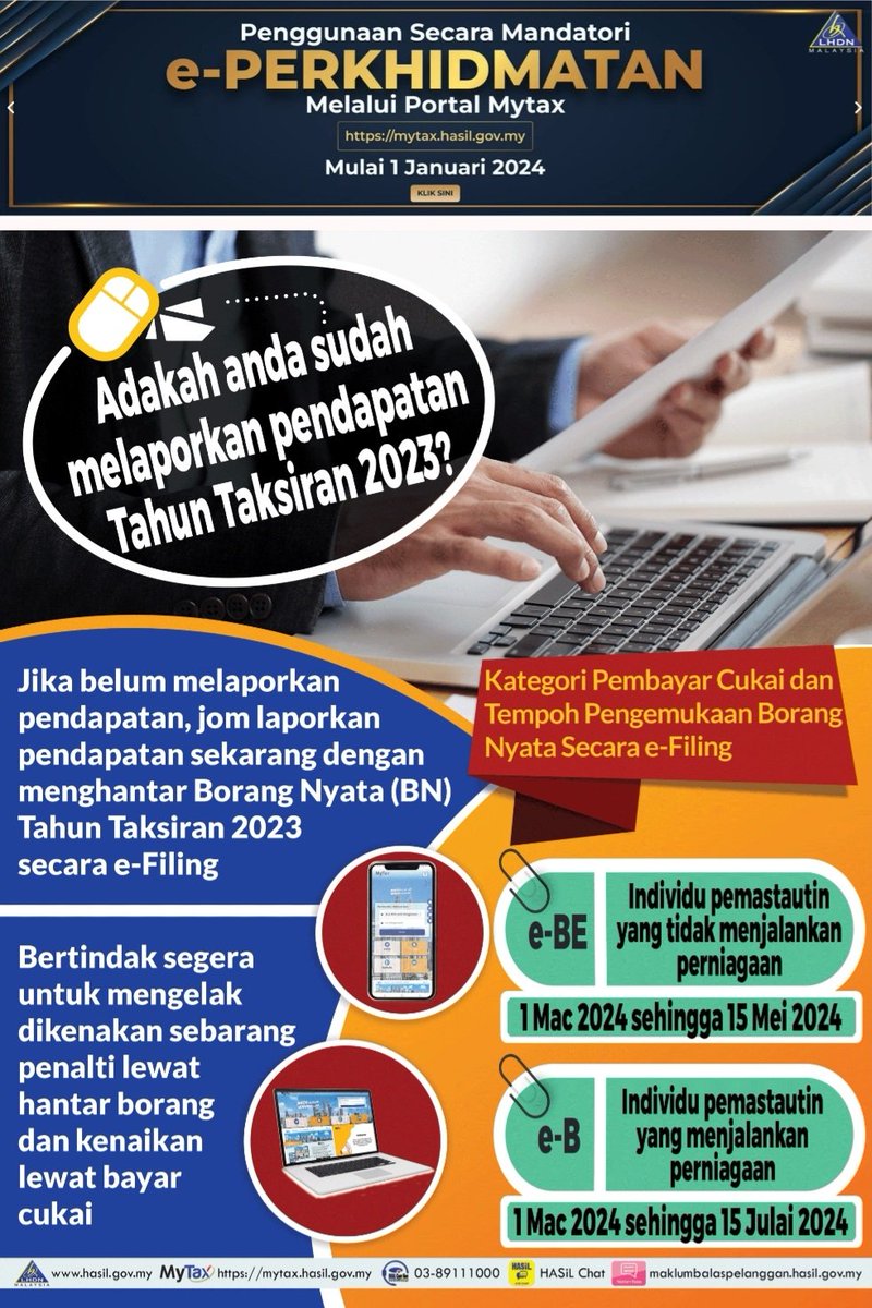 Pernah ada client kena penalty RM5K sebab submit 5 mins late after the deadline.

Individu yg ada business income (enterprise/sole prop) - Borang B. Other than that, borang BE 

Selamat menjalankan tanggungjawab. Tahniah pd yg dah submit & dah enjoy refund 😃

#taxfiling 
#YA2023