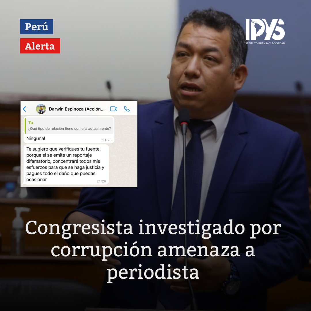 🚨 #ALERTA Congresista investigado por corrupción amenaza a periodista de @Latina_pe 👉Lee más aquí: bit.ly/3Urkp3m #Peru #LibertadDeExpresion