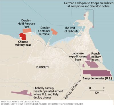 Djibouti I'm pretty sure houses the most military bases from multiple countries in the closest proximity, it's like the last place on the planet with a map that looks like the International Settlements of old