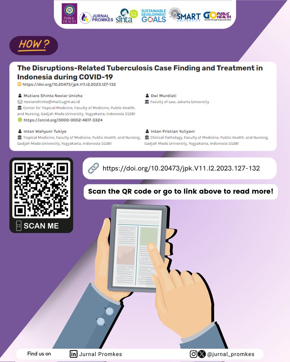 How is the result? Read the article by scanning the QR code or clicking the following link to find out more!
doi.org/10.20473/jpk.V…

#promkes #promosikesehatan #healthpromotion #healtheducation #healthliteracy #healthjournal #fkmunair #universitasairlangga #tuberculosis #covid19