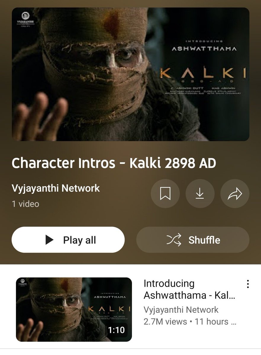 .@VyjayanthiFilms youtube channel has created the 'Character Intros' playlist for yesterday's Ashwatthama intro. So each major character intros from #Kalki2898AD in the coming days ? #Prabhas