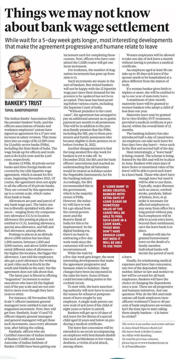 12th Bipartite Wage Pact for banking industry progressive & humane. Beyond 17% pay hike, it introduces many new things. Wonder why non-officers still called “workmen” while almost 49% are women! Latest #BankersTrust in ⁦@bsindia⁩