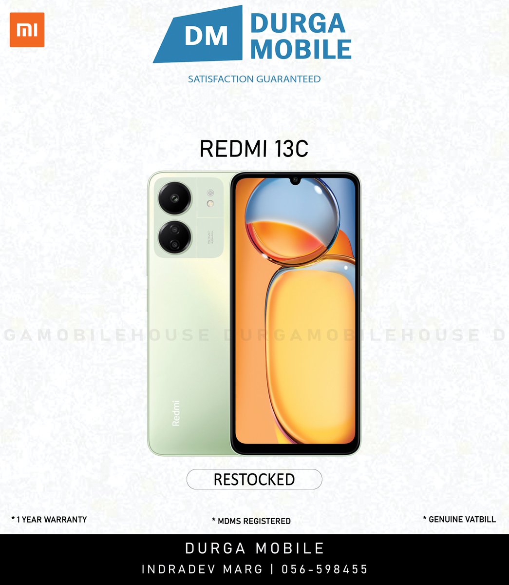 REDMI 13C | AVAILABLE NOW 📍INDRADEV MARG 📞056-598455 🚚 DELIVERY ALL OVER NEPAL 💭 VISIT OUR SHOWROOM FOR MORE INFORMATION SOCIAL MEDIA : facebook.com/durgamobilehou… instagram.com/durgamobilehou… twitter.com/imdurgamobile . . #durgamobilehouse #redmi #Redmi13C #offer