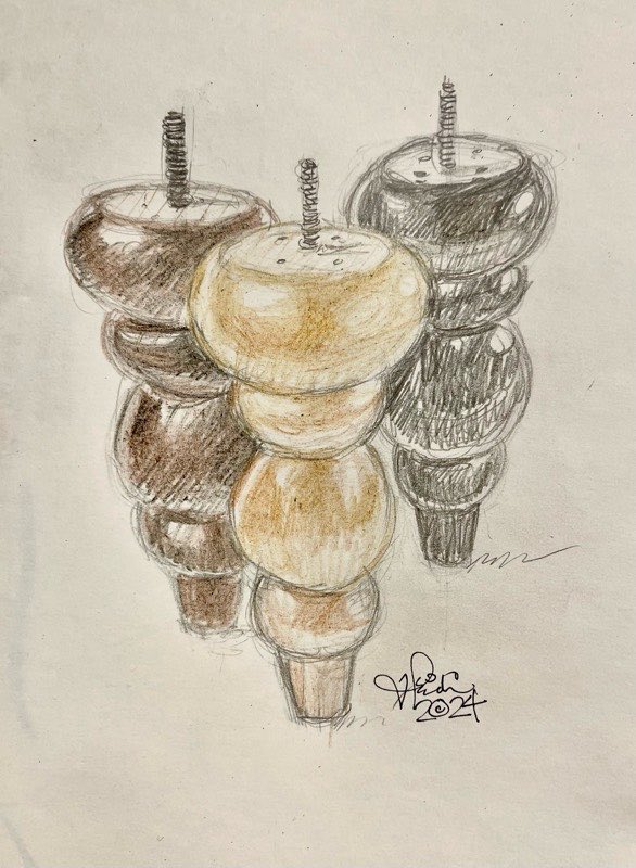 I drew this for today's prompt!

Sketchaday #lathe

Quick sketch of three sofa legs turned on a lathe.