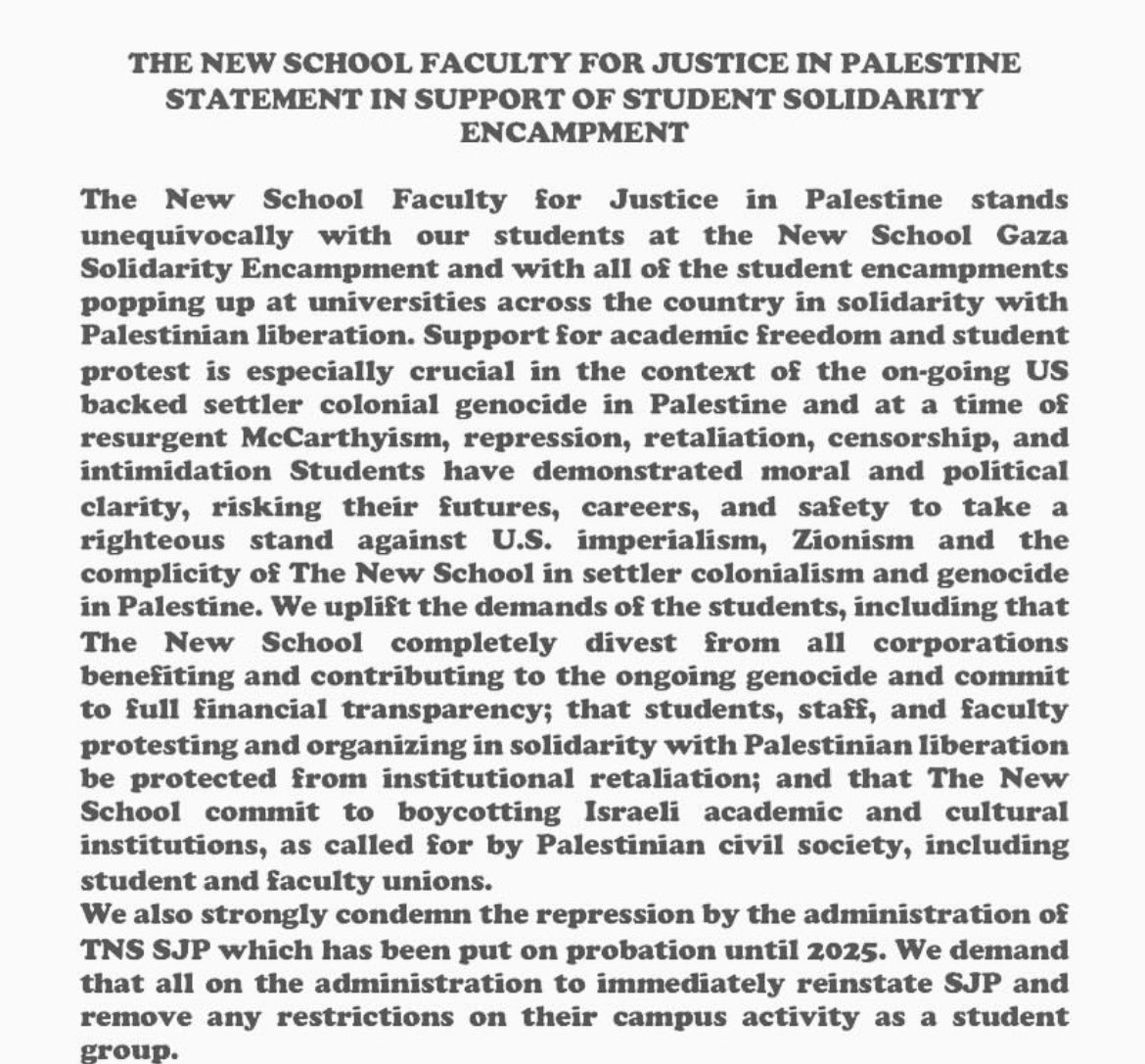 My students at The New School are setting up encampments tonight. Here is our statement of support as faculty for Justice in Palestine