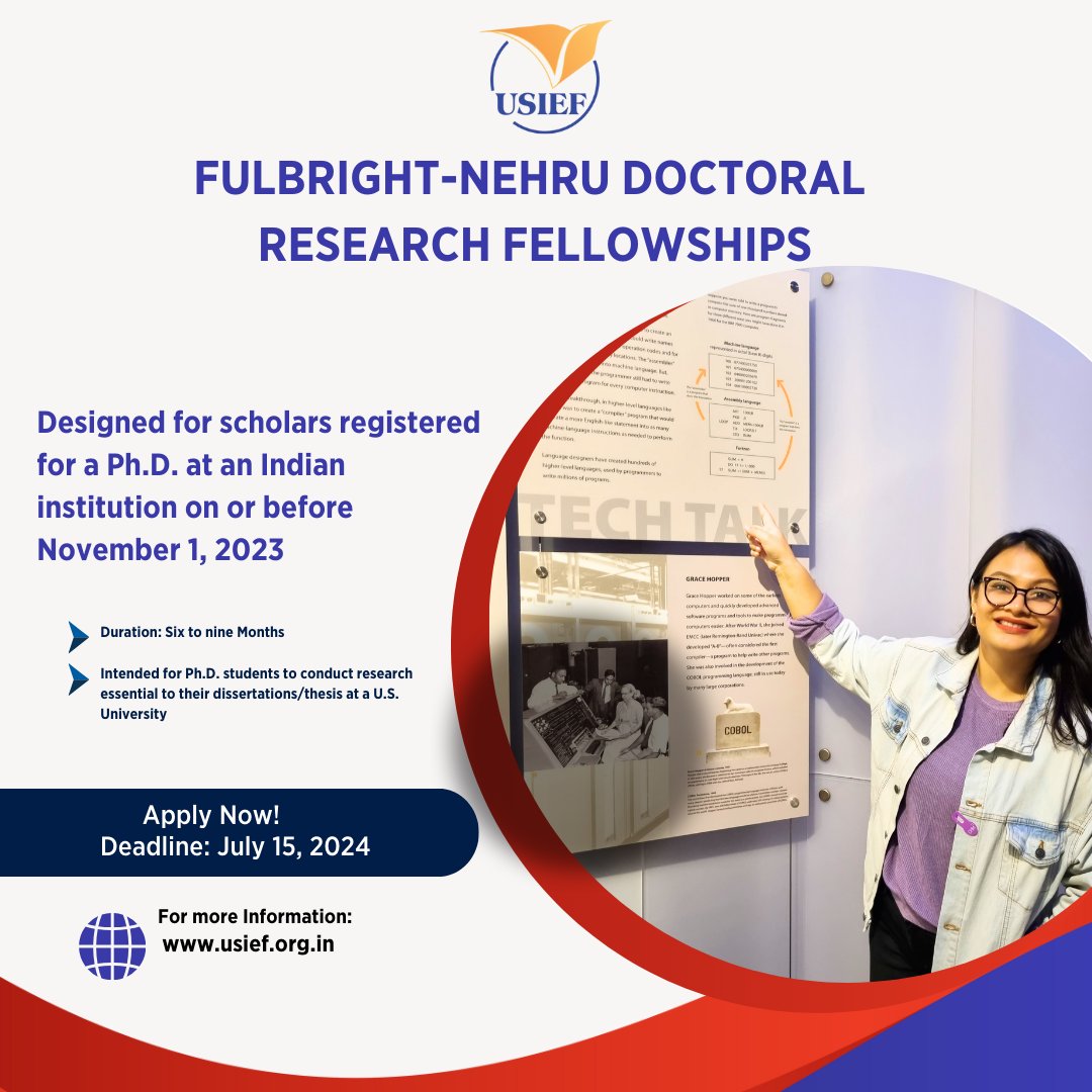 Are you a Ph.D. student registered at an Indian institution on or before November 1, 2023? Apply now for the #Fulbright-Nehru Doctoral Research Fellowships to conduct research essential to your dissertations/thesis at a U.S. University! To apply: lnkd.in/dDnHY3Tr