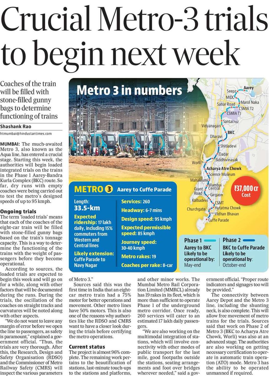 #Mumbai

#MumbaiMetroL3 #Aqualine

Significant Metro-3 1st Phase #Aarey #BKC trials to begin next week.

hindustantimes.com/cities/mumbai-…