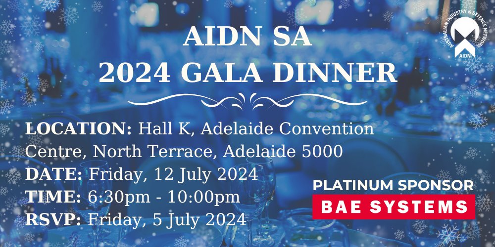 Registrations are now open for the AIDN SA 2024 Gala Dinner. Defence SA is proud to back state's future leaders as an award sponsor with the South Australian 2024 AIDN Young Achiever Award being announced on the night. 🔗 bit.ly/49P8cdn

#DefenceState #DefenceIndustry