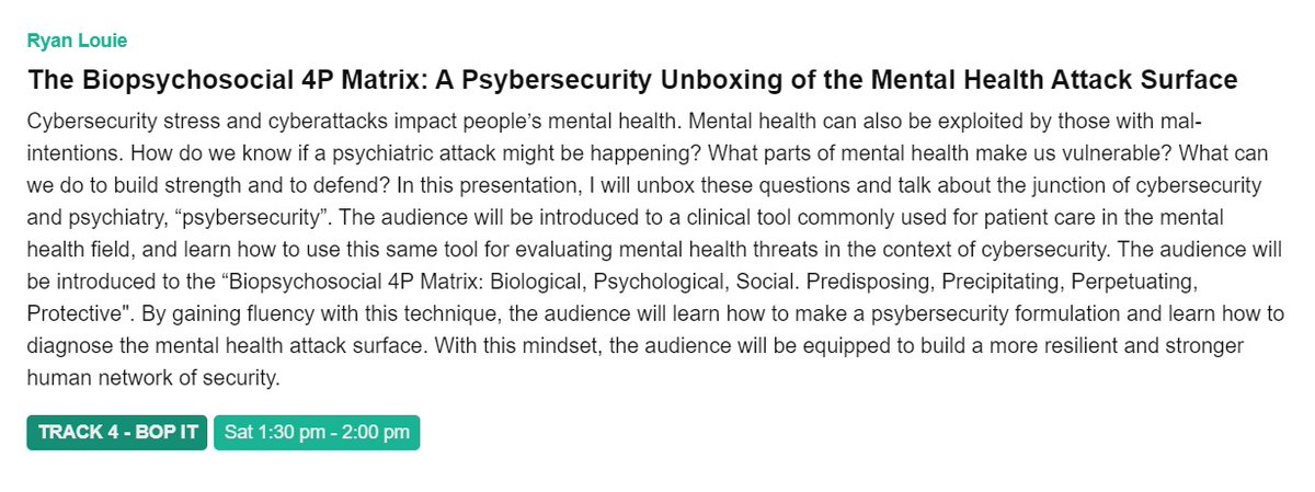 ryanlouie's tweet photo. I'll be presenting at @bsidesseattle 2024 on "The Biopsychosocial 4P Matrix: A #Psybersecurity Unboxing of the Mental Health Attack Surface". Here's the conference schedule: https://t.co/BBtfZWhHMX.โฆ #BsidesSeattle2024 @SecurityBSides ๐ง https://t.co/xRnxTs9MGu