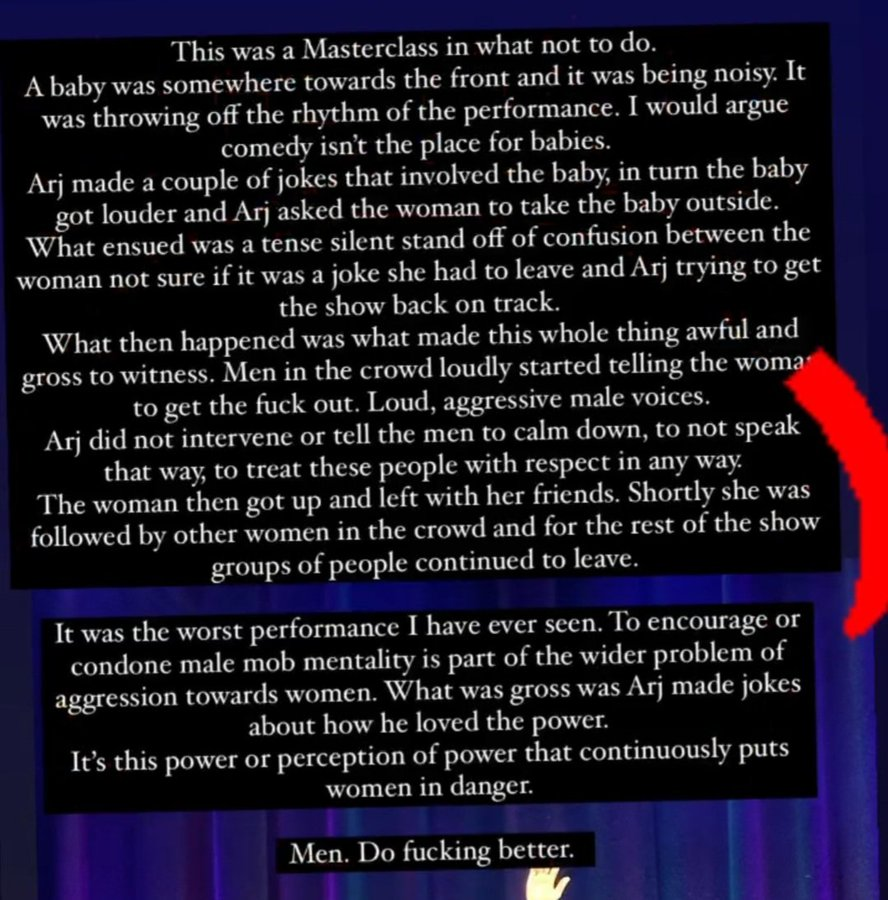 @MFWitches According to this from a female comedian in attendance, there was no mention of any breastfeeding and the baby was being disruptive, but the rest of it is just as bad.