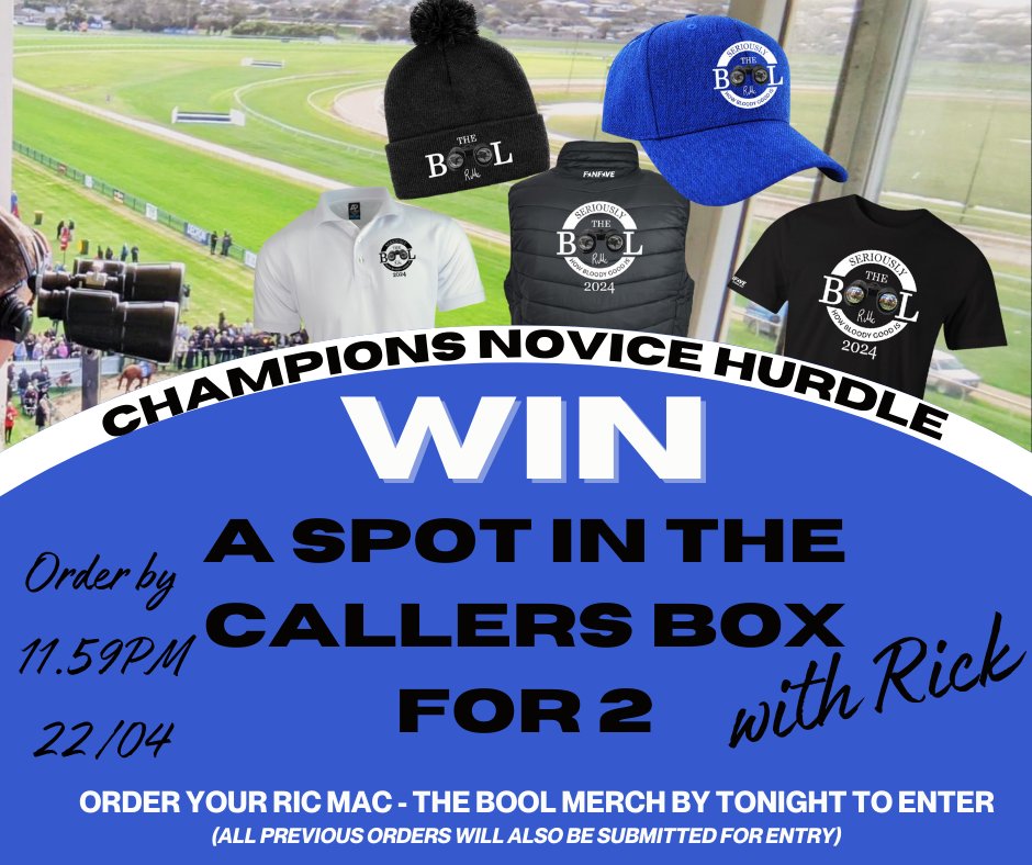 FanFave_'s tweet image. WIN 2 spots in the callers box with @ricmacracing for the Champions Novice Hurdle on Thursday April 25!
Order by 11.59PM tonight, April 22.
Don't miss out order now!👇🏇
fanfave.com.au/collections/ri…

#fanfave #favefaveaustralia #loveitshowitwearit