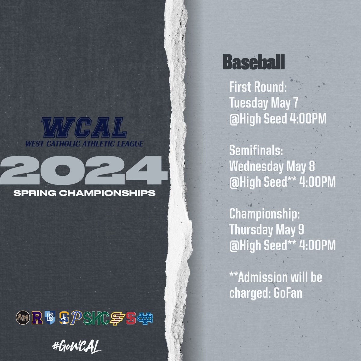 WCAL 2024 Spring Championships start this week! Admission will be charged at Swim (trials/finals) T&F (trials/finals). Brackets will be set & tickets will go on sale after the last league game in Boys VB, Boys LAX and Baseball. GoFan: WCAL.