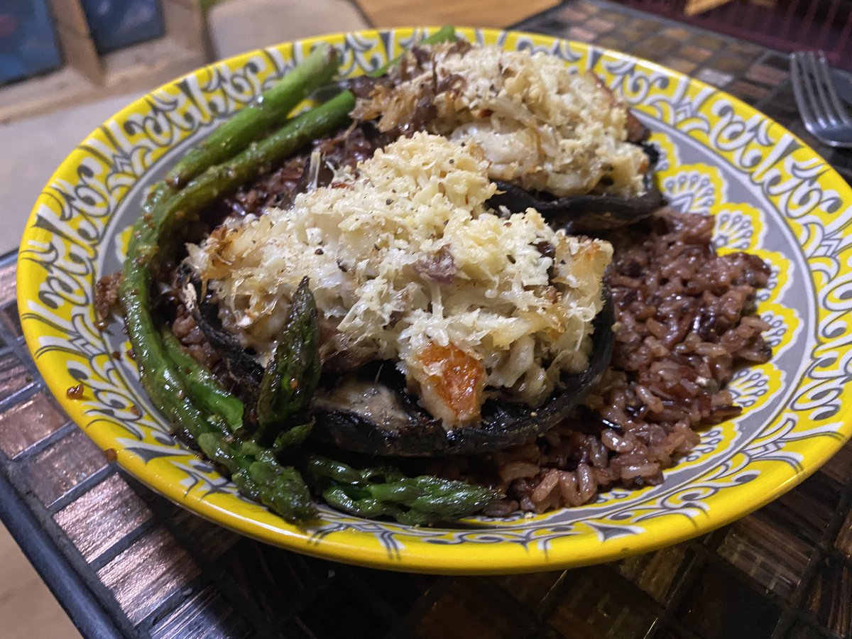 Crab stuffed portobello’s over wild rice with garden picked asparagus.