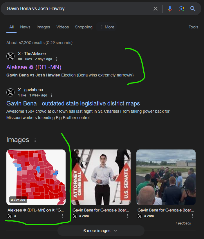 Google shows my fake election tweet as the first result for 'Gavin Bena vs Josh Hawley'
