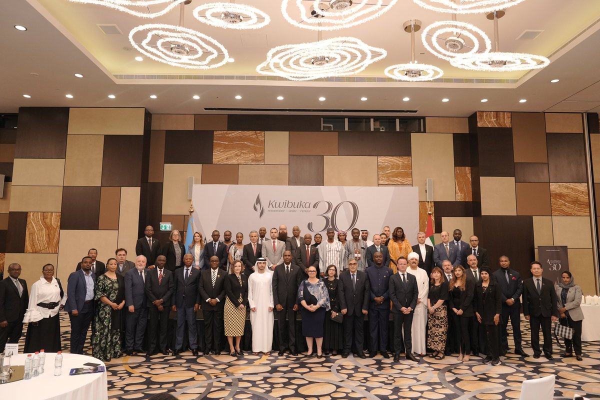 RwandaInUAE's tweet photo. On 21 April, over 500 people including UAE Government Officials, members of the Diplomatic Corps, Rwandans and friends of Rwanda gathered in Abu Dhabi to commemorate for the 30th time the 1994 Genocide against the Tutsi in Rwanda. Amb. @JohnMirenge seized the opportunity to reflect on the unimaginable human tragedy of the 1994 Genocide against the Tutsi and Rwanda’s remarkable transformation over the last three decades. #Kwibuka30