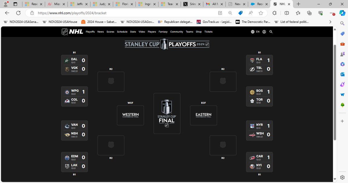 Sports: The NHL Professional IceHockey Men Team League CY2023-2024 playoff bracket is finalized. Best wishes to the teams for a memorable experience, and god bless.