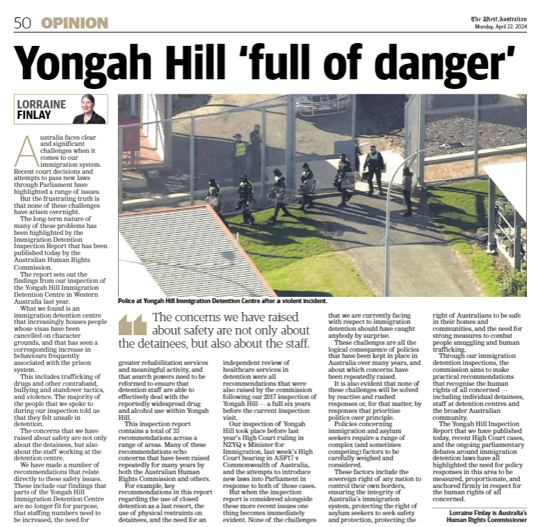 '... the frustrating truth is that none of these challenges have arisen overnight.' The @AusHumanRights inspection report on the Yongah Hill Immigration Detention Centre was published today, with key findings highlighted in my opinion piece in @westaustralian 👇