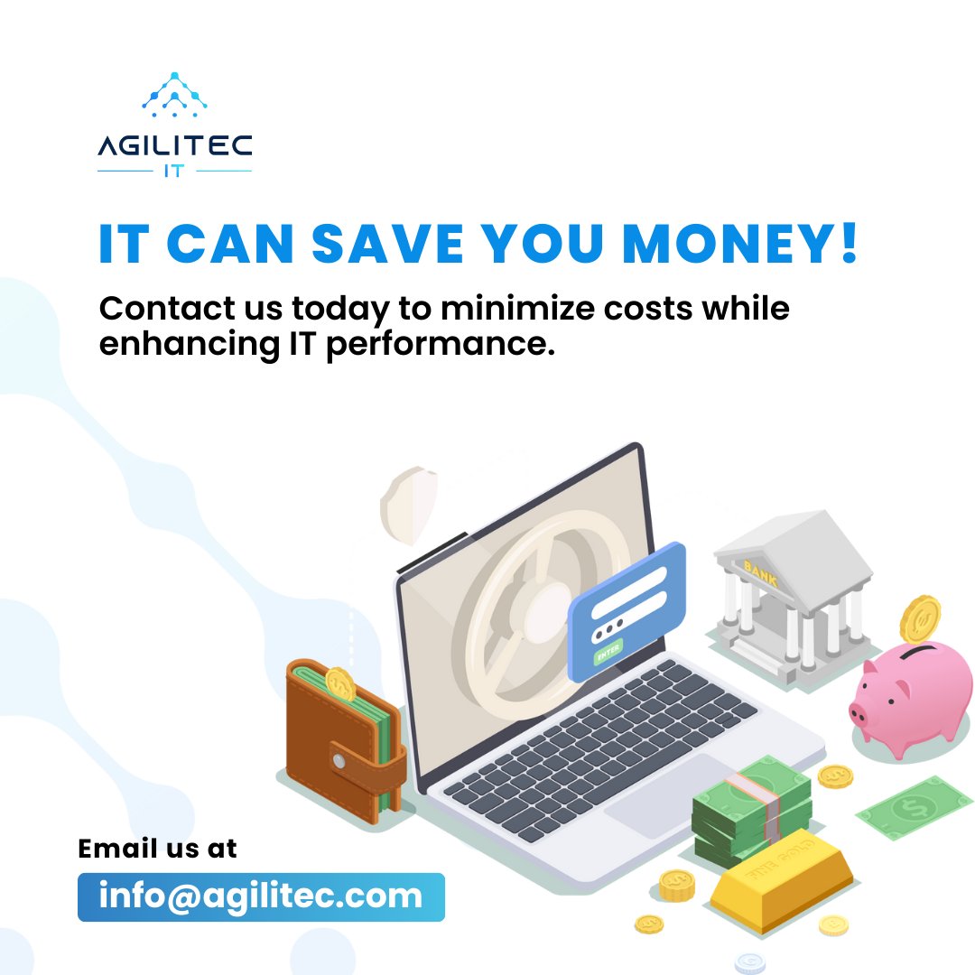 IT can save you money! 💲💲💲 

Agilitec delivers cost savings tailored for legal firms through predictable pricing, reduced overhead, and maximized ROI. 

Contact us today to minimize costs while enhancing IT performance. 

Email us: info@agilitec.com. 

#CostSavings #LegalTech