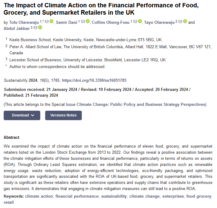 #SUSEditorialChoice

The Impact of #Climate Action on the Financial Performance of Food, Grocery, and Supermarket #Retailers in the UK

by Tolu Olarewaju, et al. 

mdpi.com/2071-1050/16/5…

#mdpi #openaccess #sustainability #SDGs