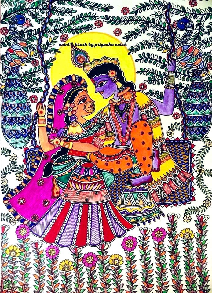 Good morning, my dear Twitter family! Wishing you all a bright and positive day ahead, filled with happiness and blessings. 🌞✨ 

Sharing one of my handmade Radha Krishna Madhubani paintings with you all.#RadhaKrishna #MadhubaniArt #PositiveVibes #GoodMorningEveryone